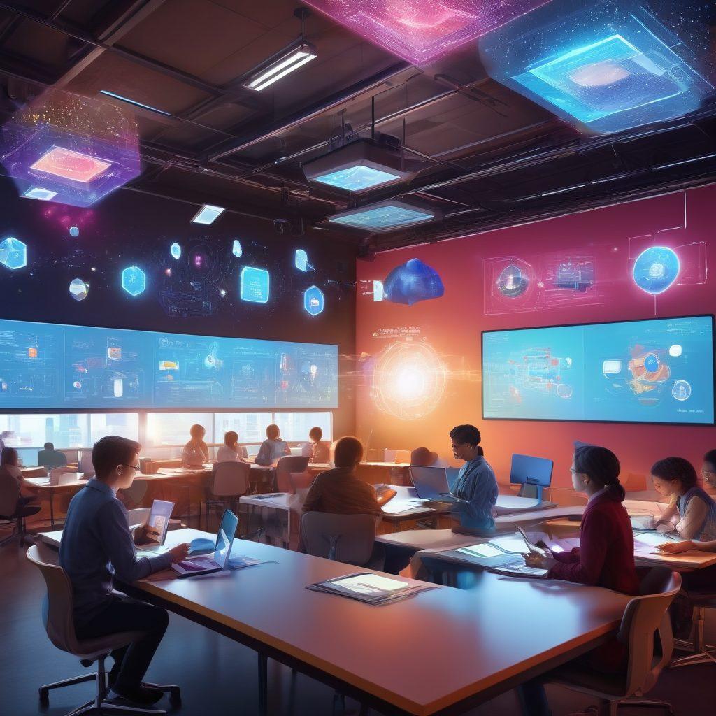 A futuristic classroom filled with diverse students engaged in e-learning through holographic screens and digital devices, vibrant knowledge-sharing illustrations around them. Brightly colored books and learning materials hover in the air, symbolizing growth and innovation. Elements representing both personal and professional development, such as charts and career icons, blend into the background. A warm yet tech-savvy atmosphere, showcasing the fusion of tradition and technology. super-realistic. vibrant colors. digital art.