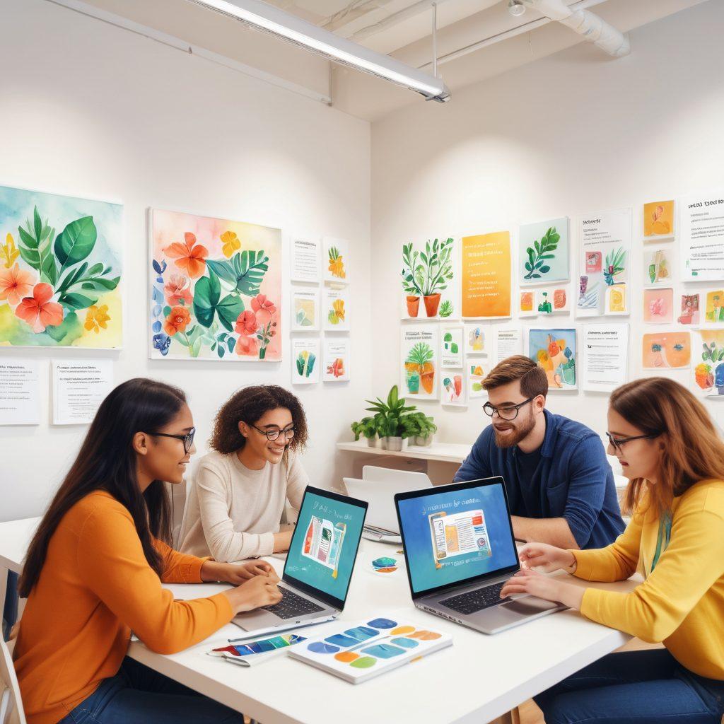 A diverse group of enthusiastic learners engaged in a collaborative study environment, surrounded by laptops displaying vibrant educational blogs and resources. Visual elements include floating icons of digital tools, books, and growth symbols like plants. A warm, motivational atmosphere with inspirational quotes on the walls. Bright, inviting colors symbolizing creativity and knowledge. watercolor painting. soft focus.