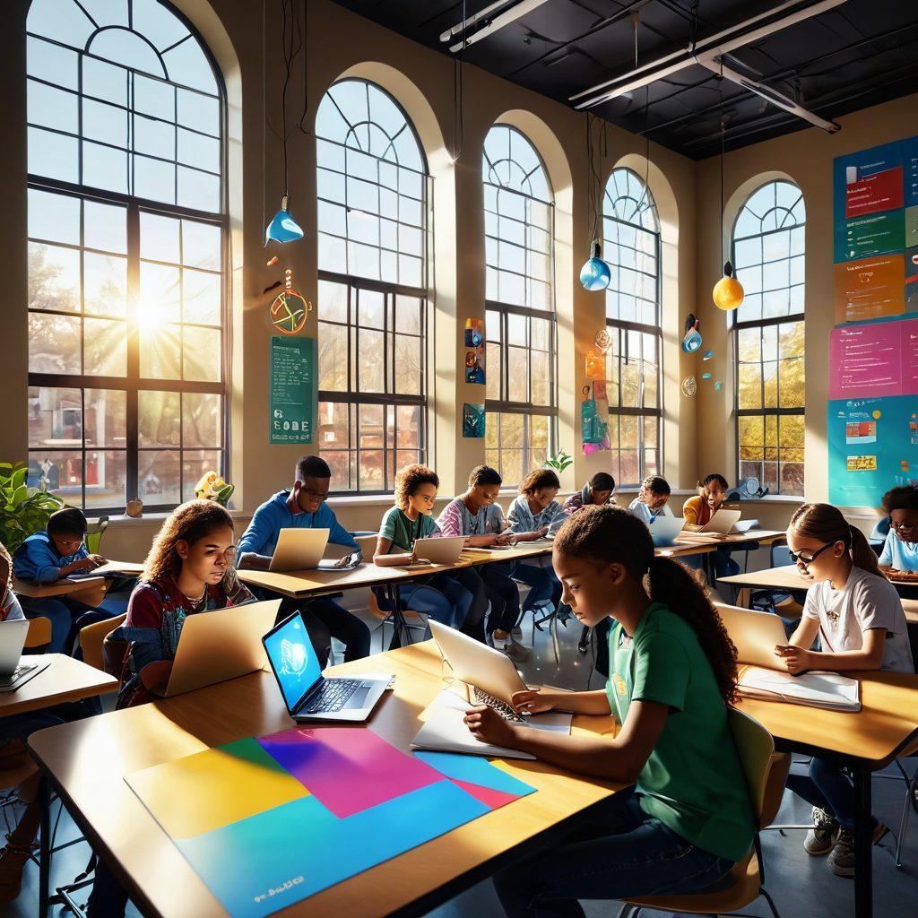 An inspiring digital classroom scene featuring diverse students engaged in collaborative learning through laptops and virtual screens, surrounded by colorful educational graphics and symbols of knowledge sharing, like books and lightbulbs. Bright sunlight streams through large windows, symbolizing enlightenment and growth. The atmosphere is filled with a sense of innovation and connection in a modern educational setting. vibrant colors. super-realistic. 3D.